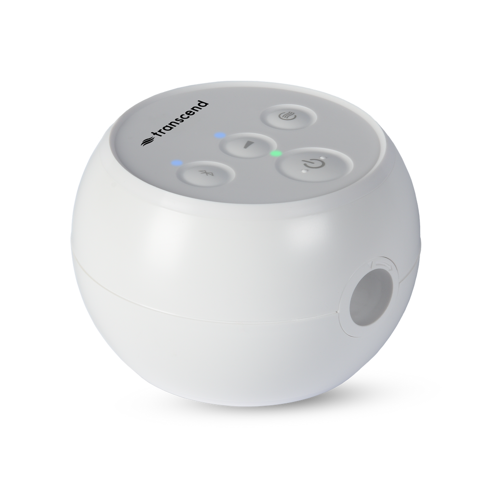 The compact Transcend Micro Travel device with buttons and the Transcend logo on a white background