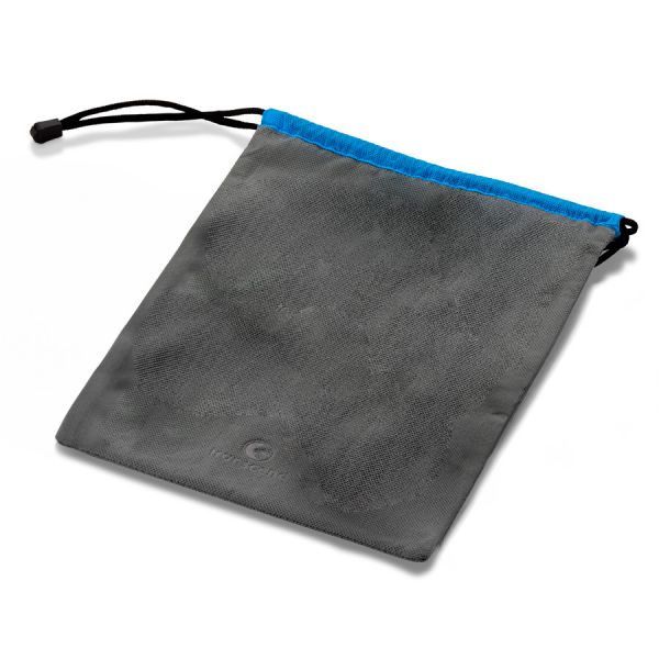 Gray drawstring pouch with blue top edge on a white background for Transcend Micro Travel System