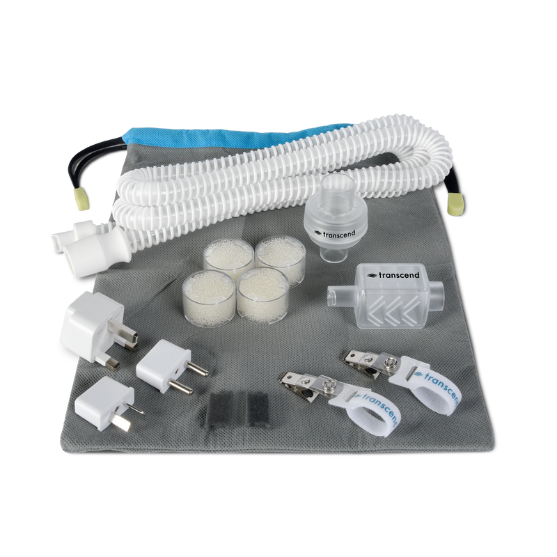 Collection of Transcend Micro essential accessories on a gray carry pouch. 